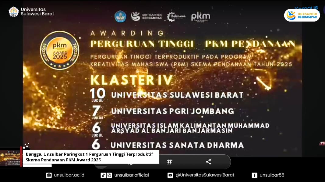 Bangga, Unsulbar Peringkat 1 Perguruan Tinggi Terproduktif Skema Pendanaan PKM Award 2025