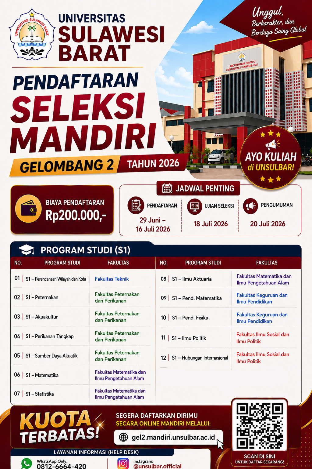 UNSULBAR RESMI BUKA PENDAFTARAN JALUR MANDIRI GELOMBANG 2 TAHUN 2026