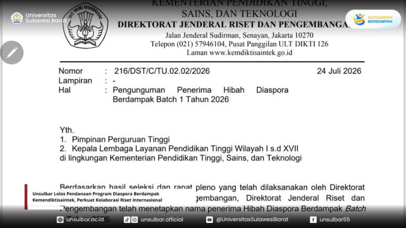 Unsulbar Lolos Pendanaan Program Diaspora Berdampak Kemendiktisaintek, Perkuat Kolaborasi Riset Internasional